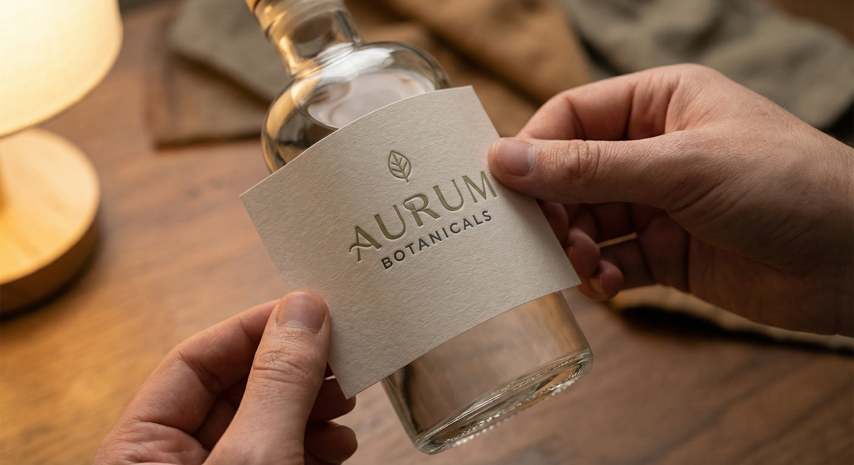 Hands applying a premium printed label onto a glass bottle — showcasing label quality and finish