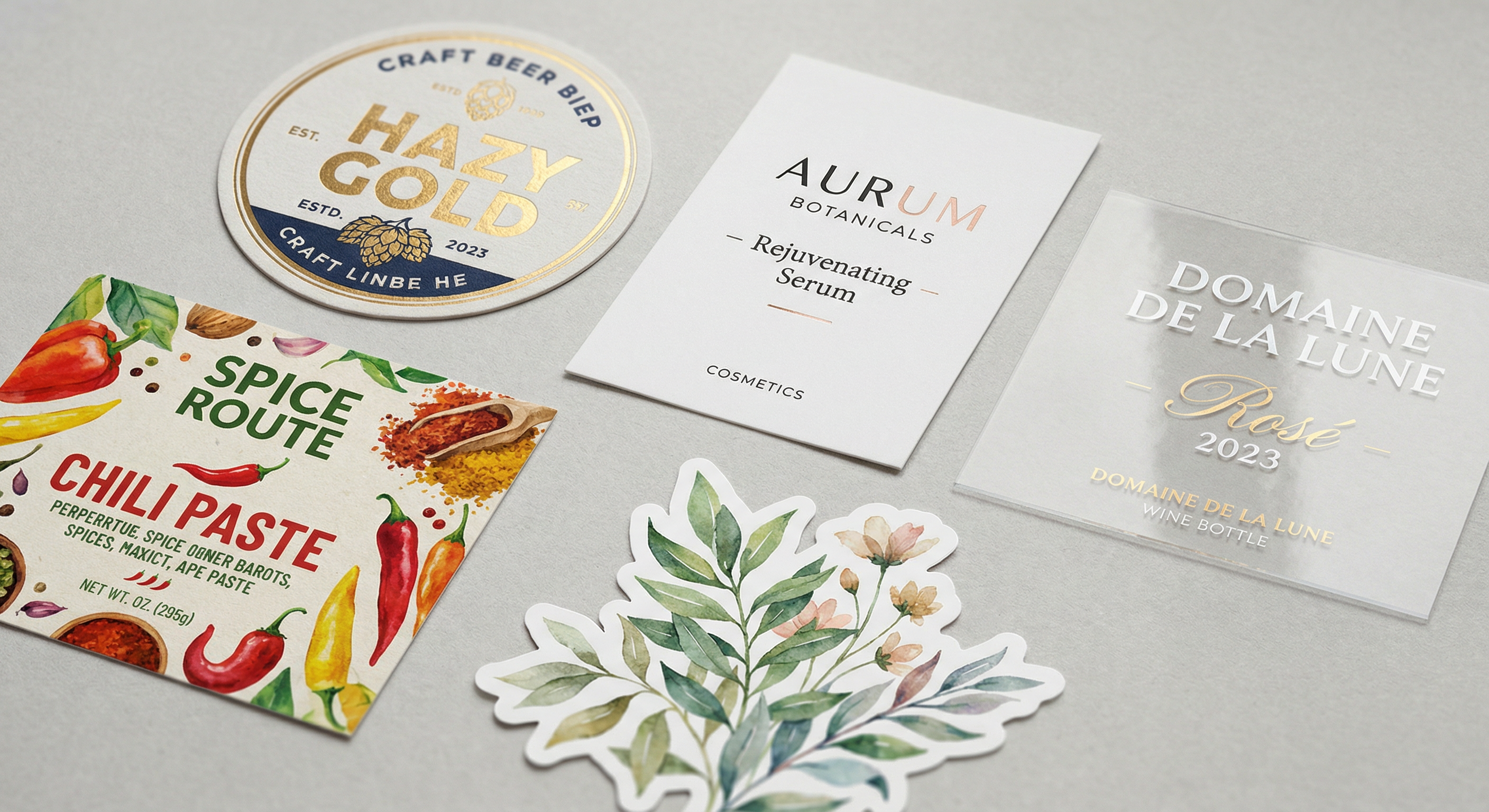 Collection of premium printed labels — craft beer, cosmetics, food products, botanical stickers, and wine labels